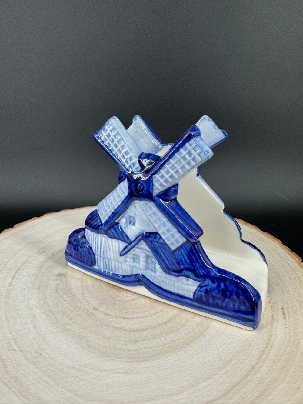 Vintage Hand Painted Delft Blue Windmill Napkin Letter Holder Dutch Ceramic